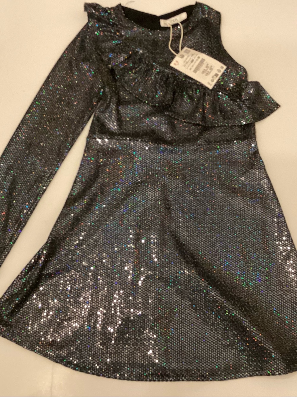 Zara Black Holographic Sparkle One-Shoulder Ruffle Kids Dress